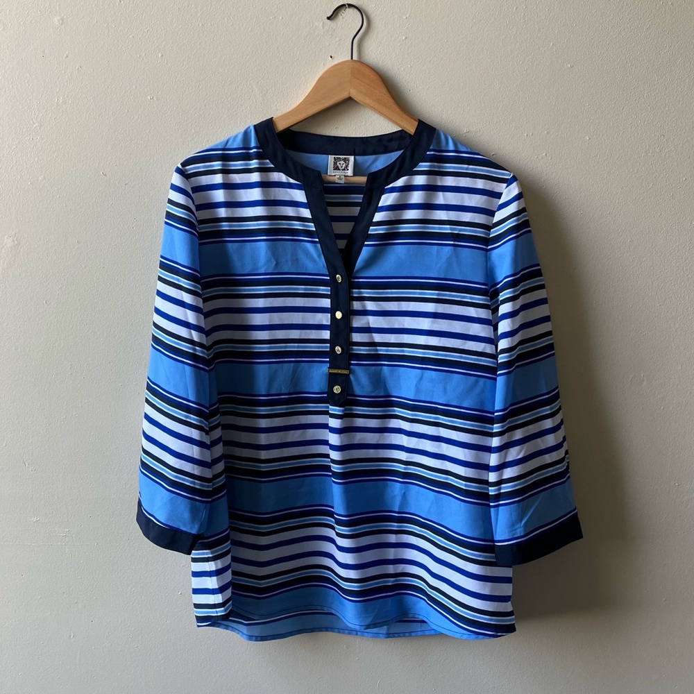 Anne Klein Blue Henley Collar 3/4 Sleeve Blouse